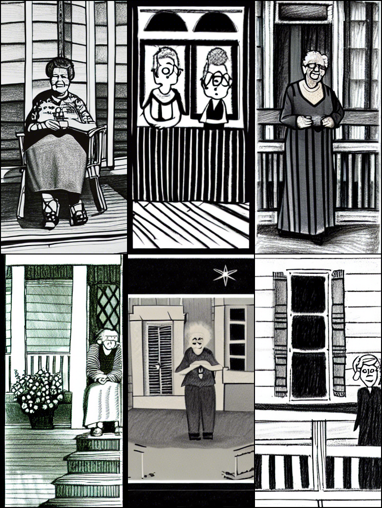 Result images of: A drawing of a granny on the porch
